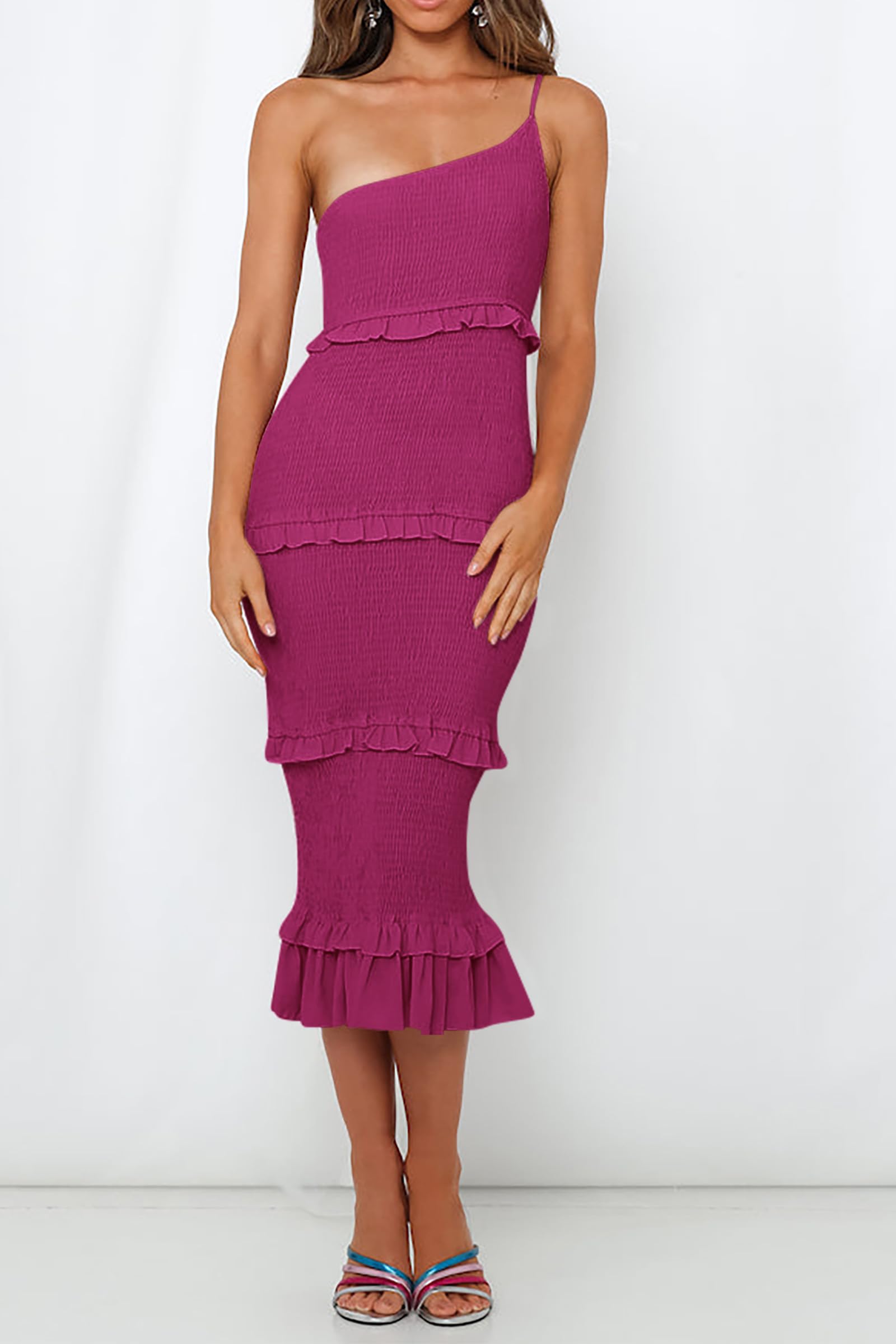 PRETTYGARDEN Women's Summer Midi Bodycon Dresses One Shoulder Strappy Tiered Ruffle Floral Boho Sun Dress