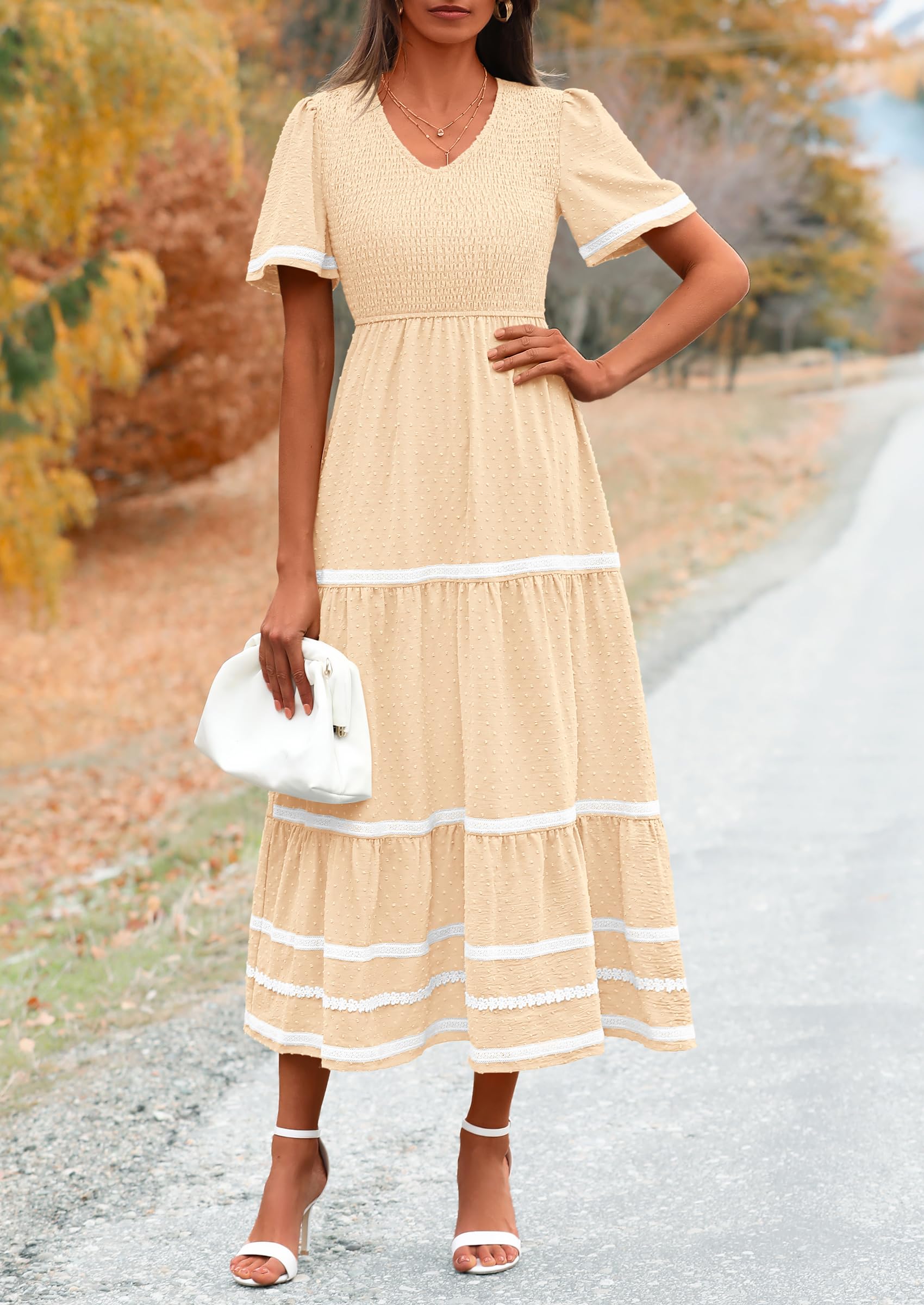 PRETTYGARDEN Women's Casual Summer Maxi Dress Short Sleeve Swiss Dot V Neck Smocked Long Flowy Beach Dresses