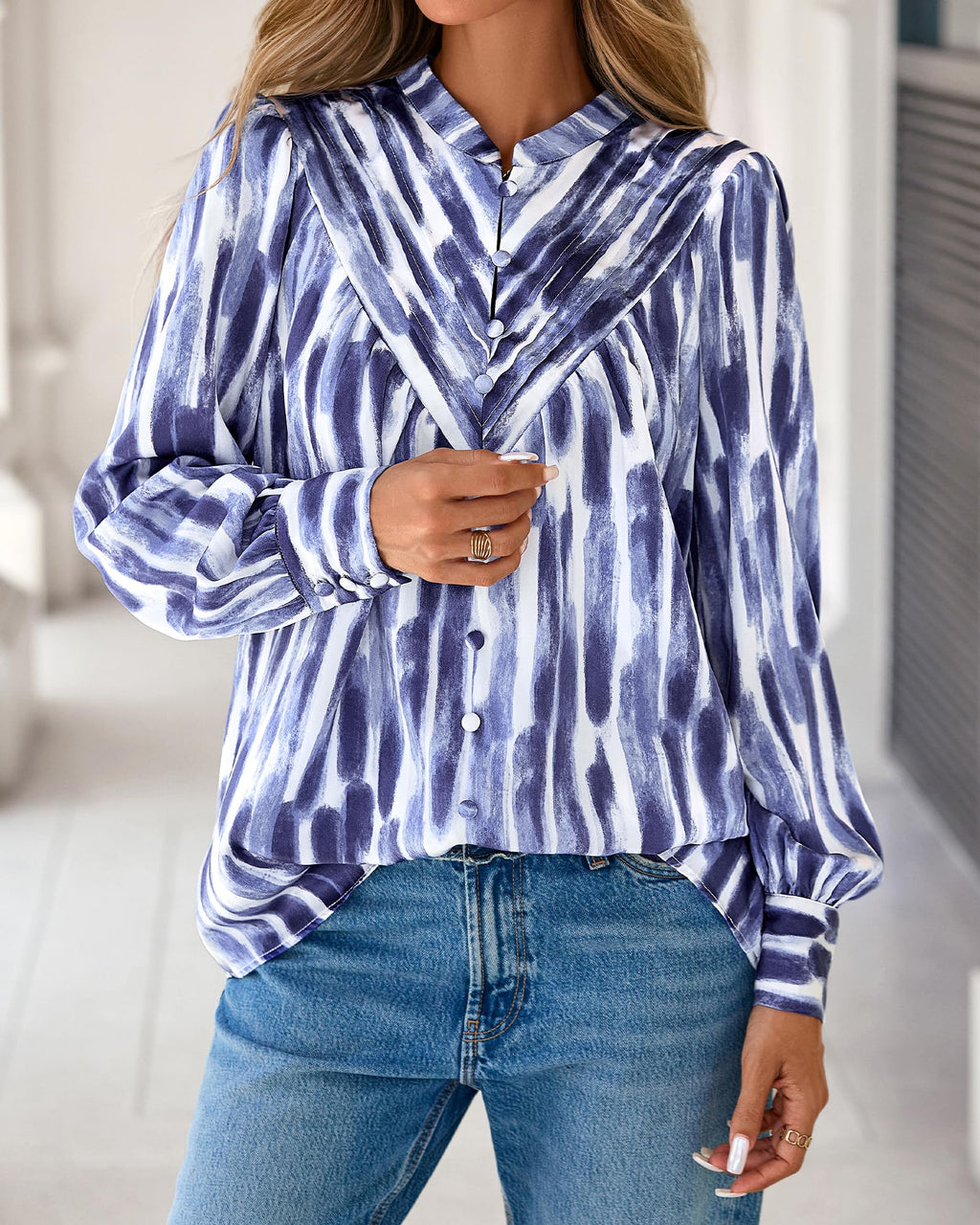 BTFBM Womens Tops Dressy Casual Spring Boho Floral V Neck Long Sleeve Half Button Down Shirt Work Business Blouses