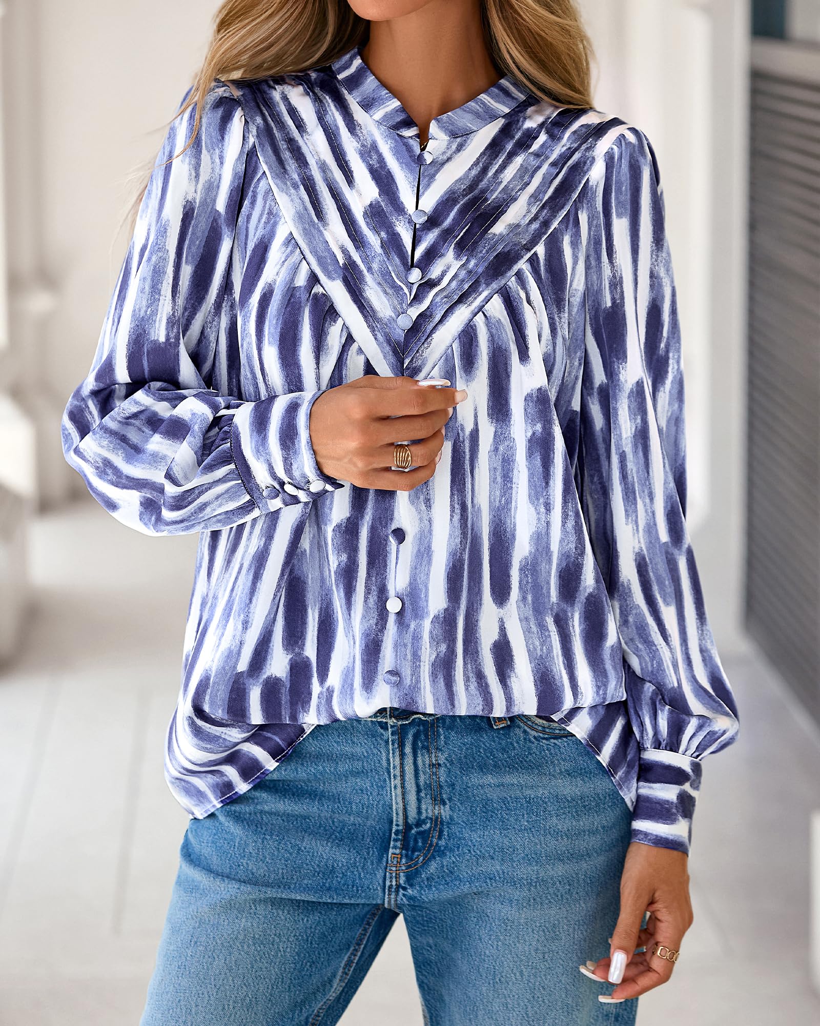 BTFBM Womens Tops Dressy Casual Spring Boho Floral V Neck Long Sleeve Half Button Down Shirt Work Business Blouses