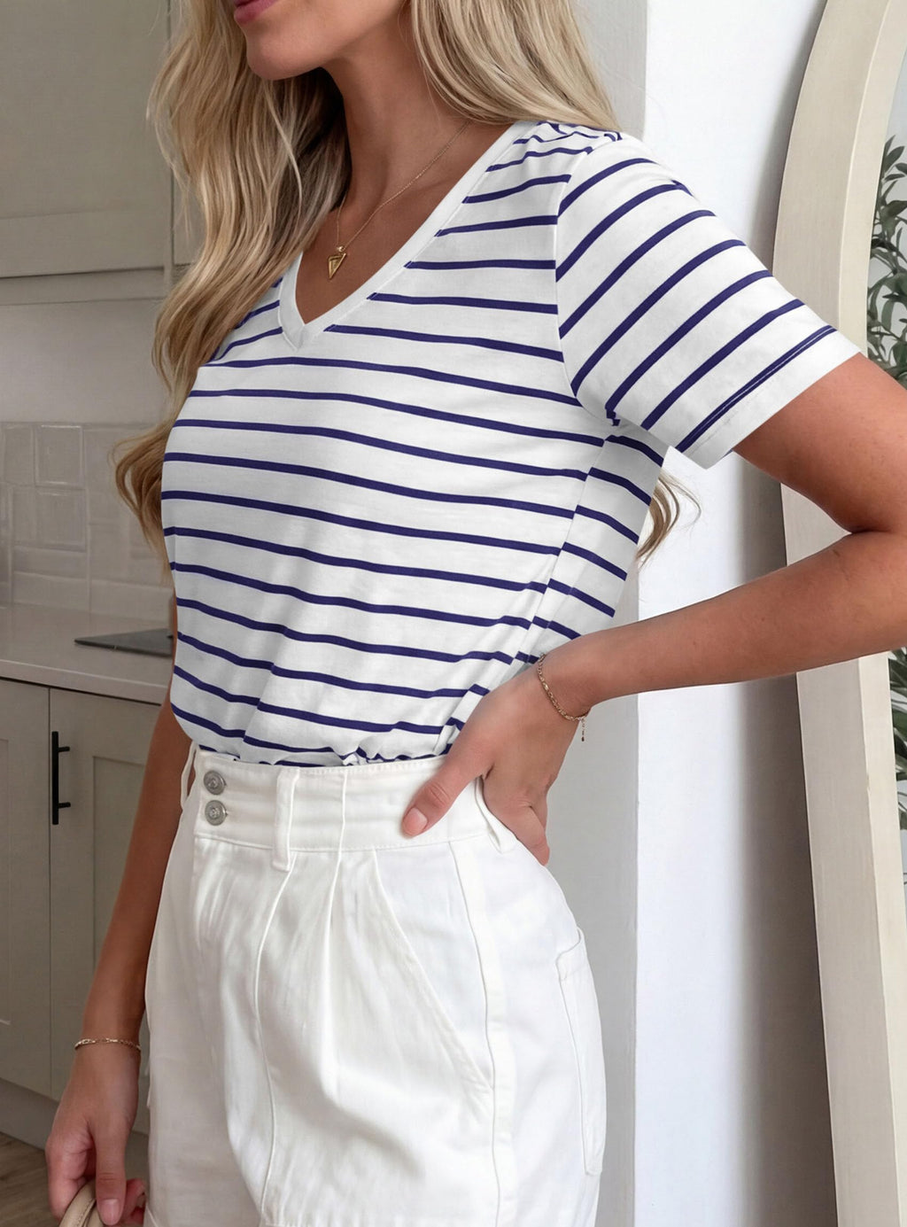 PRETTYGARDEN Short Sleeve Shirts for Women Spring V Neck Cute Tops Casual Striped Shirt Knitted Tees Summer Outfits
