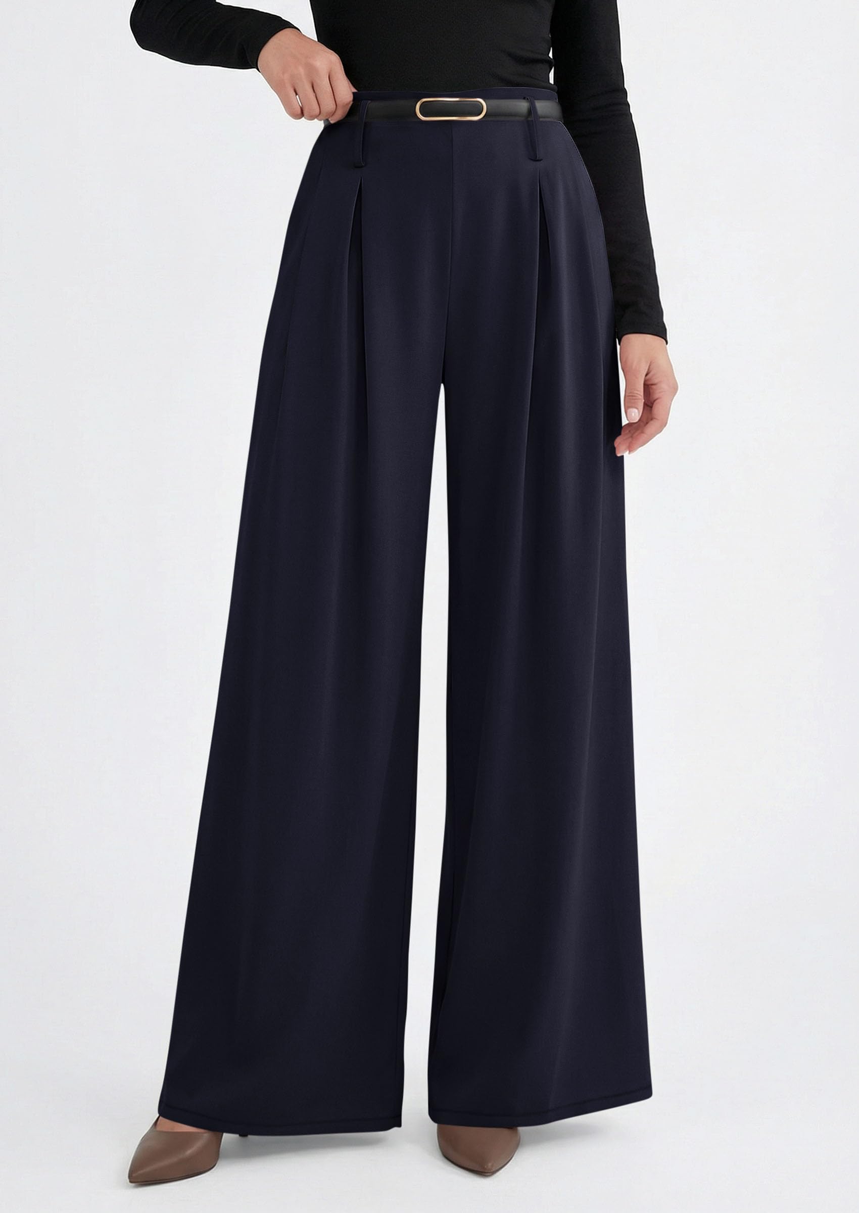 PRETTYGARDEN Womens Spring Wide Leg Trousers High Elastic Waist Loose Pleated Long Flowy Palazzo Work Pants with Pockets