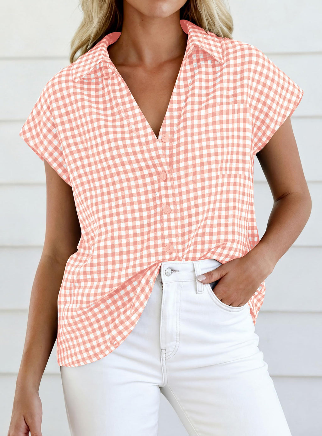 PRETTYGARDEN Womens Short Sleeve Shirts Plaid Button Down Blouse Dressy Casual Summer Spring Business Gingham Work Tops