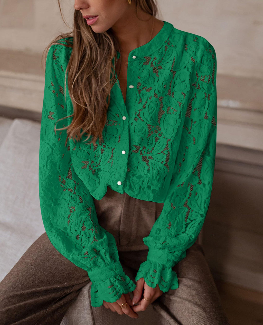 PRETTYGARDEN Women's Dressy Casual Lace Blouse Long Sleeve Button Up Shirts Tops Spring Fall Fashion Clothes