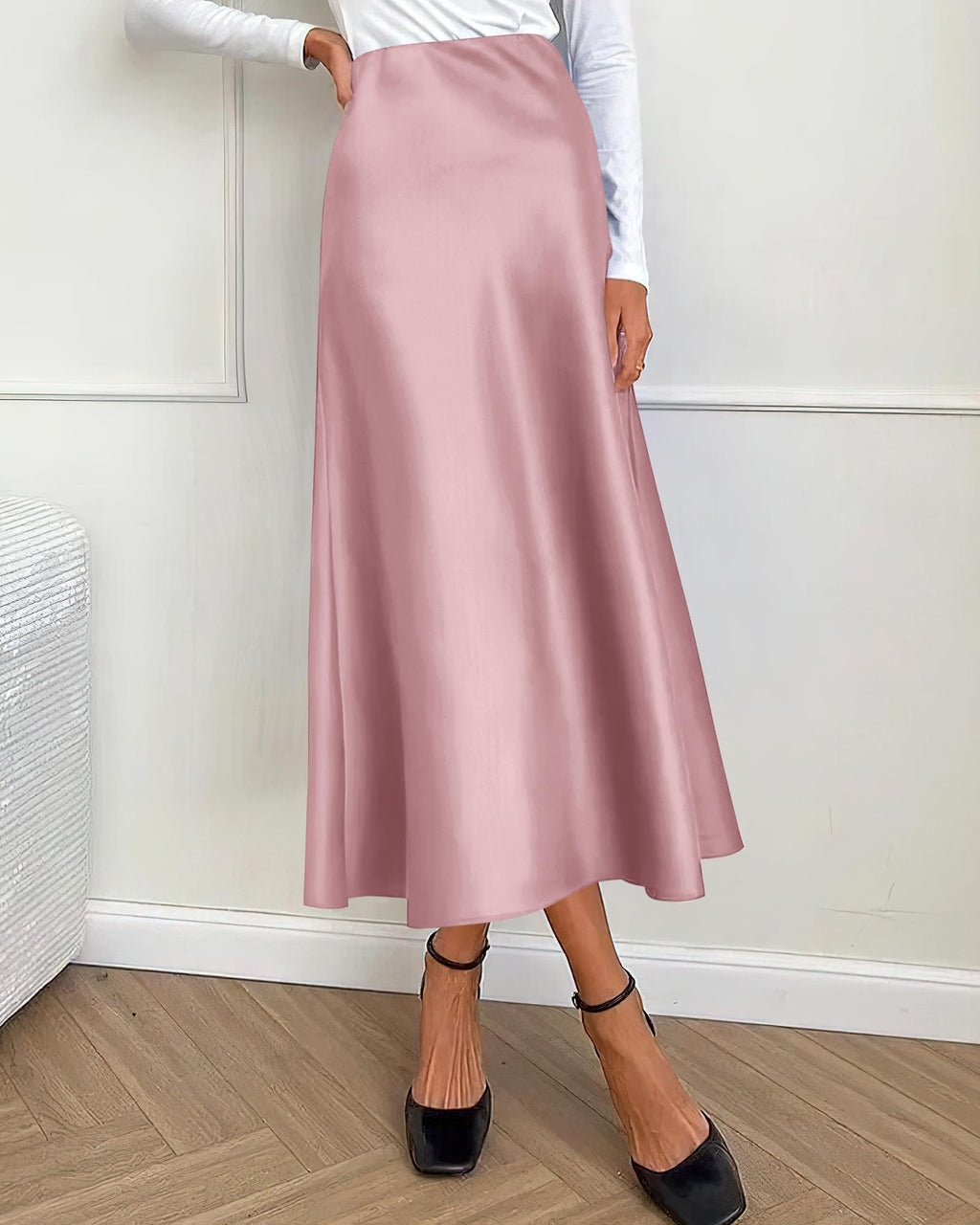 BTFBM Summer Womens Skirts Silk Elegant High Waist Flowy Long Satin A-Line Midi Skirt Cocktail Wedding Party