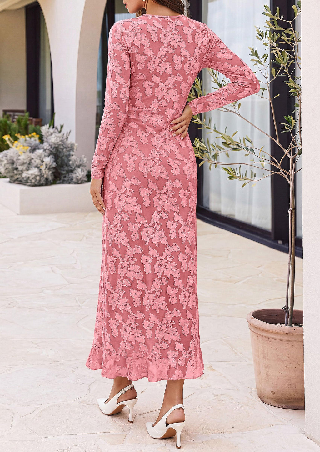 PRETTYGARDEN Women's Formal Maxi Floral Dresses with Slit Long Sleeve Ruffle Hem, Elegant Outfit for Wedding Guest & Cocktail Party, Bodycon Crewneck Mesh Dresses, Fall Fashion