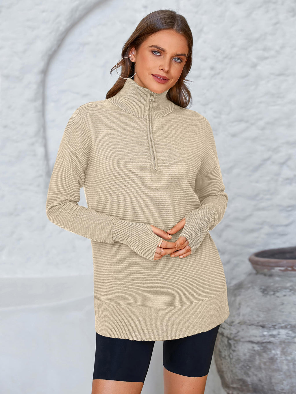 PRETTYGARDEN Womens Long Sleeve Quarter Zip Pullover Sweater Casual Loose V Neck Collared Ribbed Knit Jumper Tops Thumb Hole