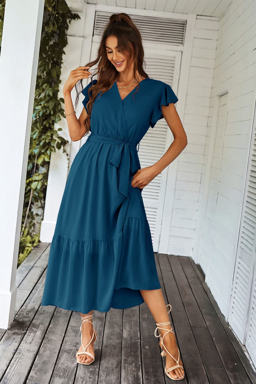 PRETTYGARDEN Women's Summer Floral Boho Maxi Dress Wrap Short Sleeve V Neck Ruffle A-Line Flowy Wedding Guest Long Dresses