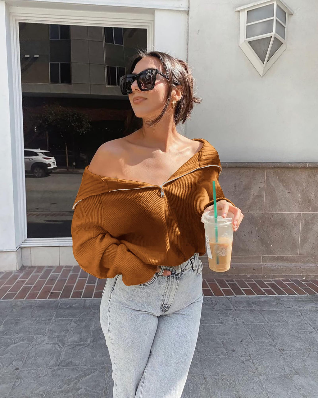 FreshPretty Womens Sweaters Quarter Zip Pullover V Neck Collar Long Sleeve Ribbed Knit Loose Casual Winter Fall Sweater