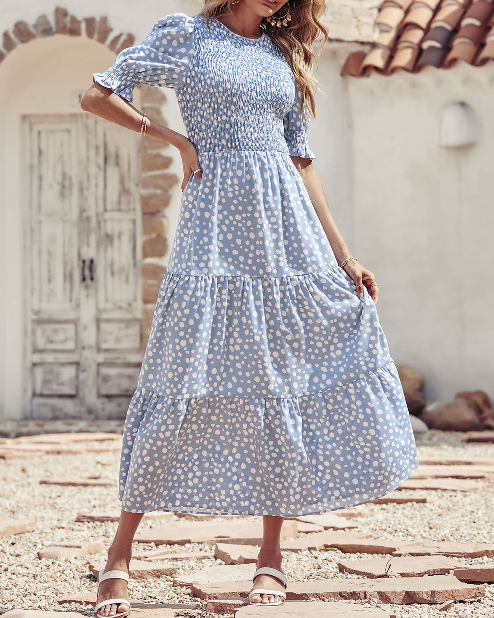 FreshPretty Women Casual Summer Dresses Spring Crew Neck Ruffle Short Sleeve Floral Print Smocked Boho Flowy Maxi Dress