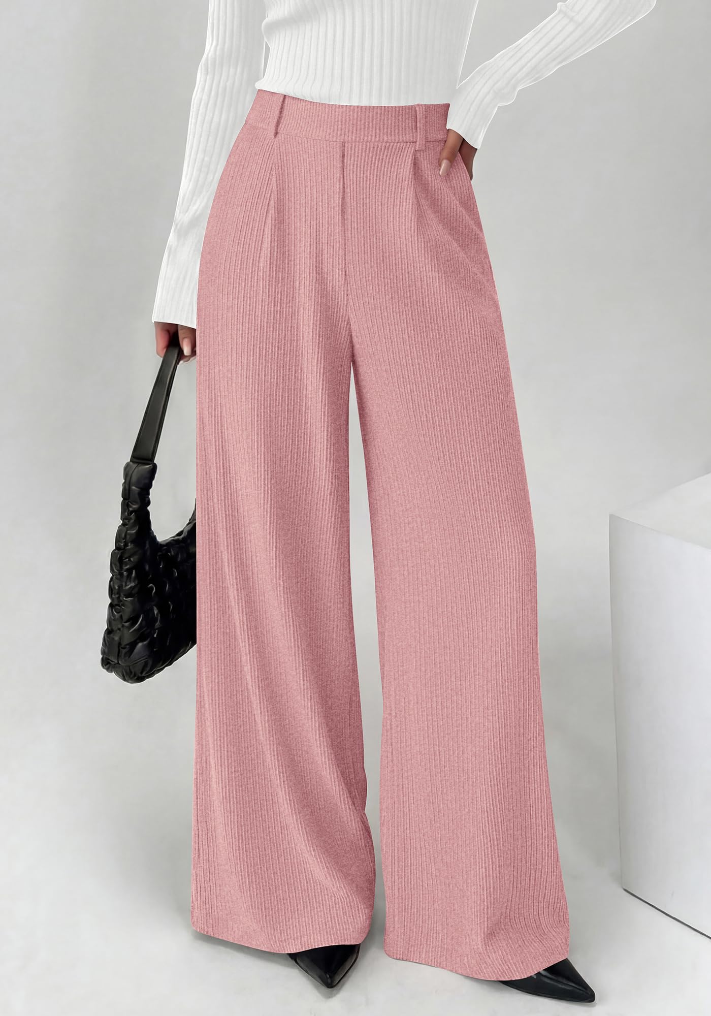 BTFBM Wide Leg Pants for Women Dressy Work Business Casual Elastic High Waisted Trousers Ribbed Lounge Palazzo Pants