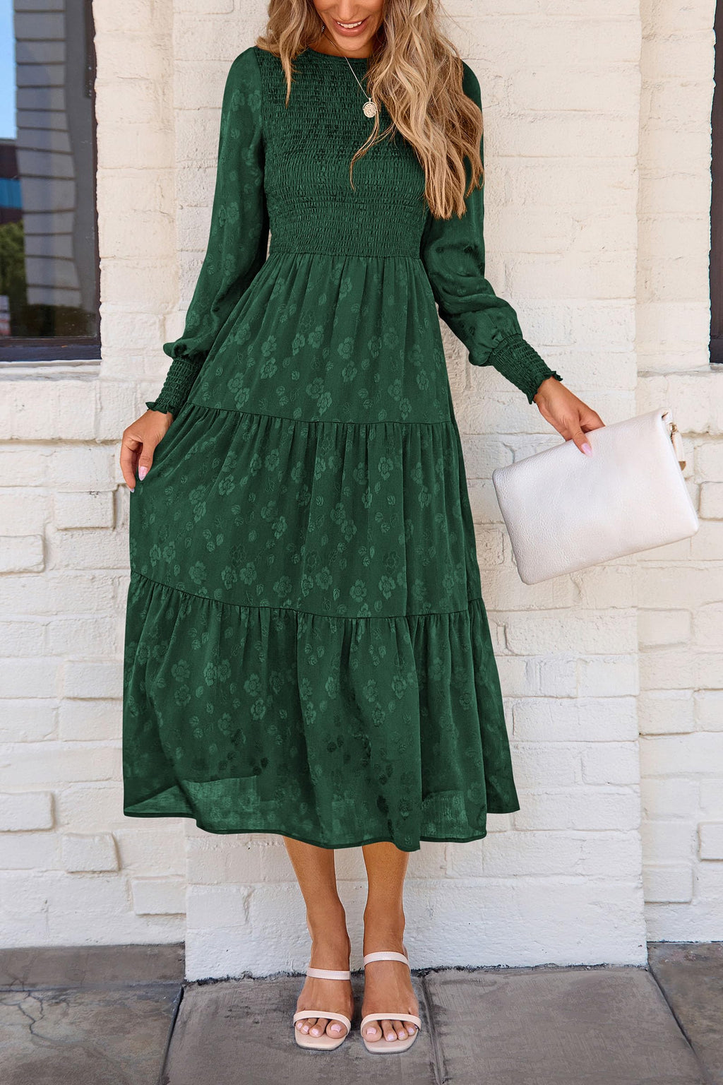 PRETTYGARDEN Women's Fall Spring Midi Dress Long Sleeve Floral Smocked Elegant Wedding Guest Long Flowy Dresses with Pockets