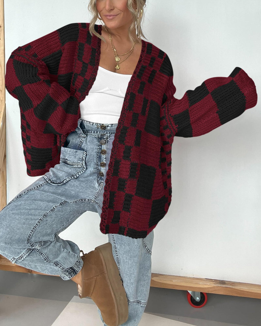 FreshPretty Casual Cardigan Sweater for Women Fall Long Sleeve Open Front Chunky Knit Sweaters Checkered Outwear Coat