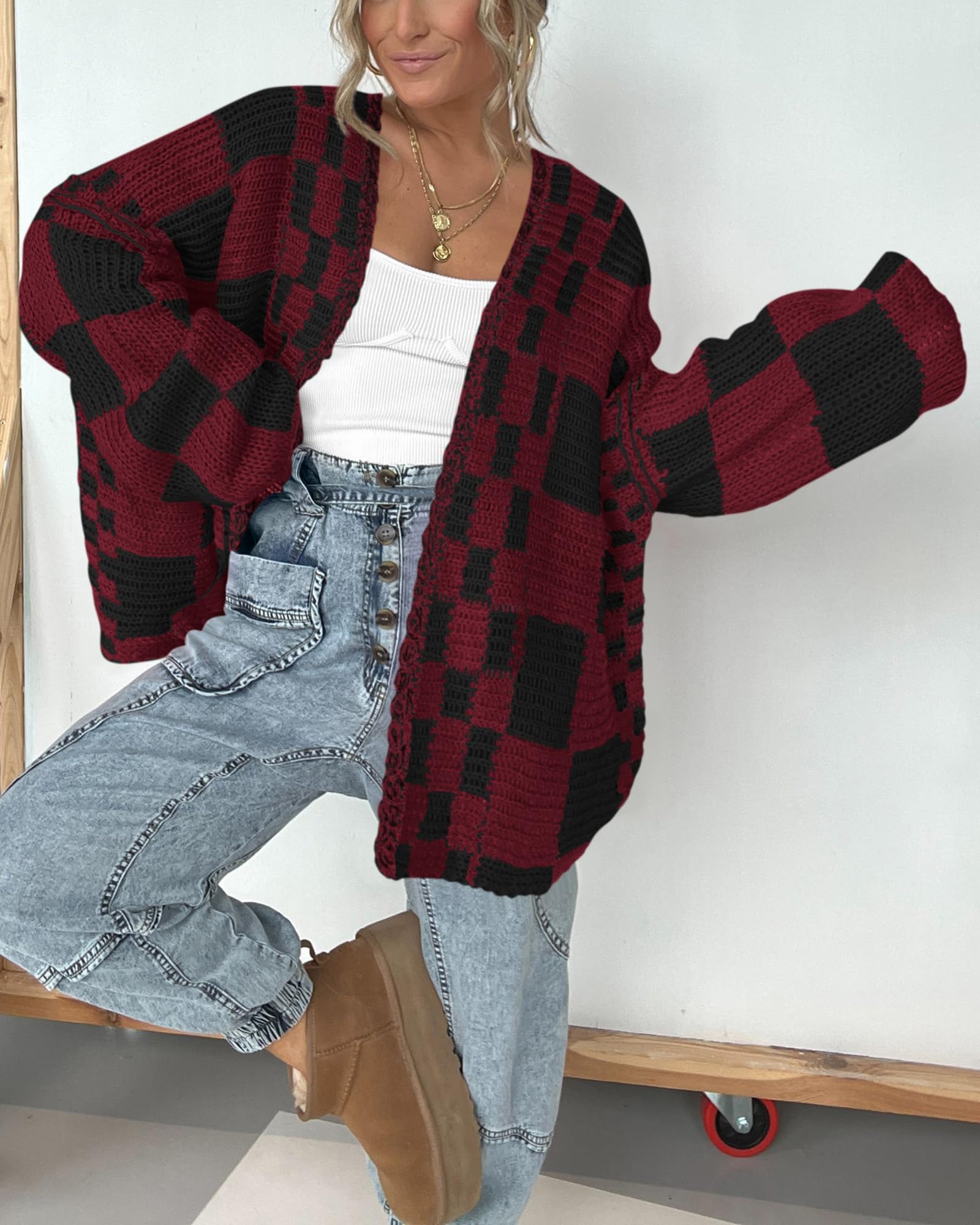 FreshPretty Casual Cardigan Sweater for Women Fall Long Sleeve Open Front Chunky Knit Sweaters Checkered Outwear Coat