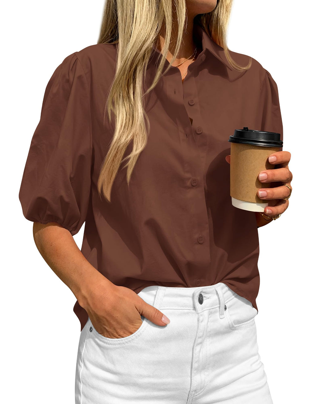 BTFBM Women's Button Down Shirts Short Puff Sleeve Collared V Nec Summer Tops Dressy Casual Work Business Blouses