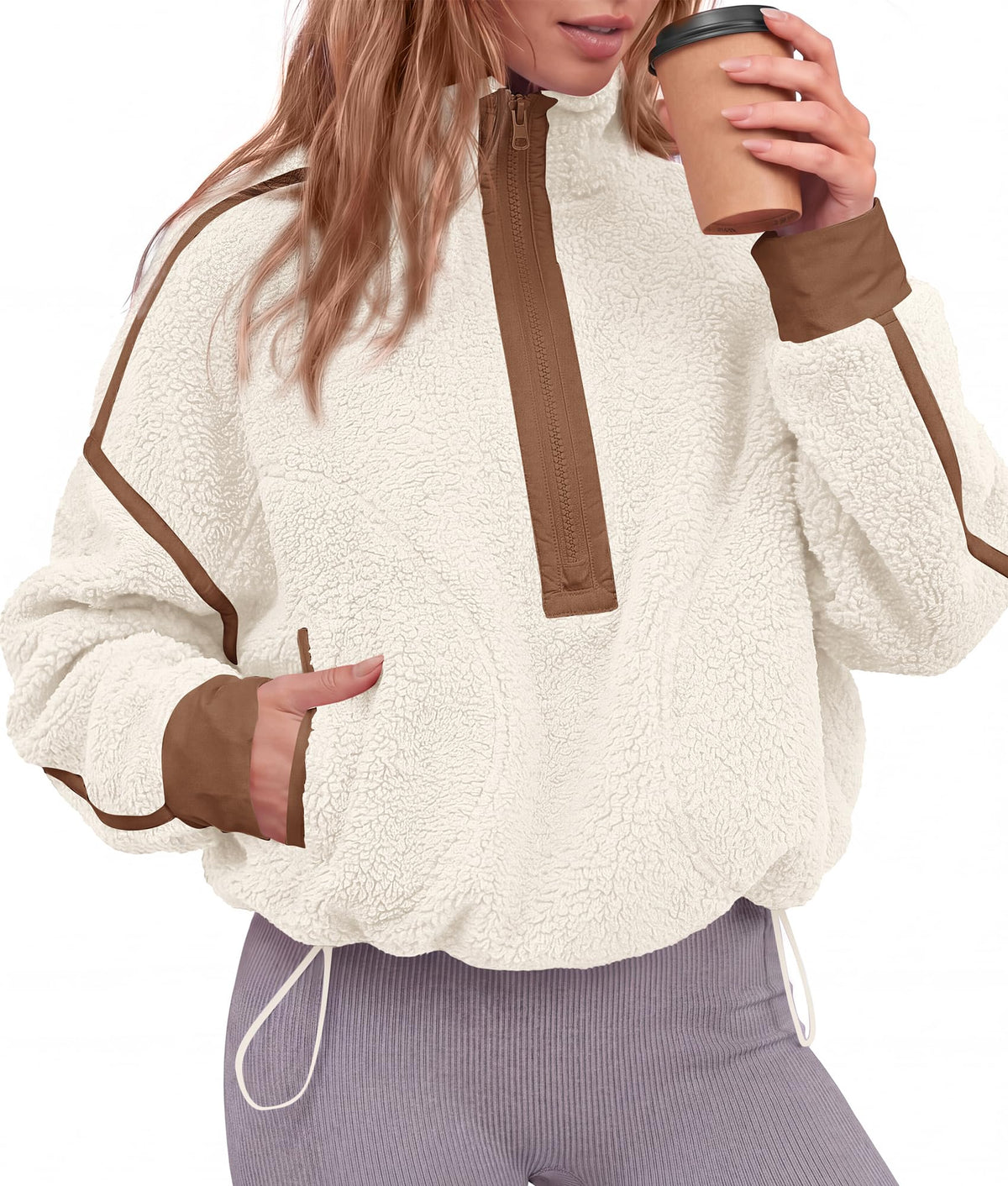 FreshPretty Womens Half Zip Fleece Pullover Sherpa Sweatshirts,Quarter Zip Cropped Jackets With Drawstring,Loose Fit Sweater Tops,Color Block Winter Coats,Trendy Fall Clothes