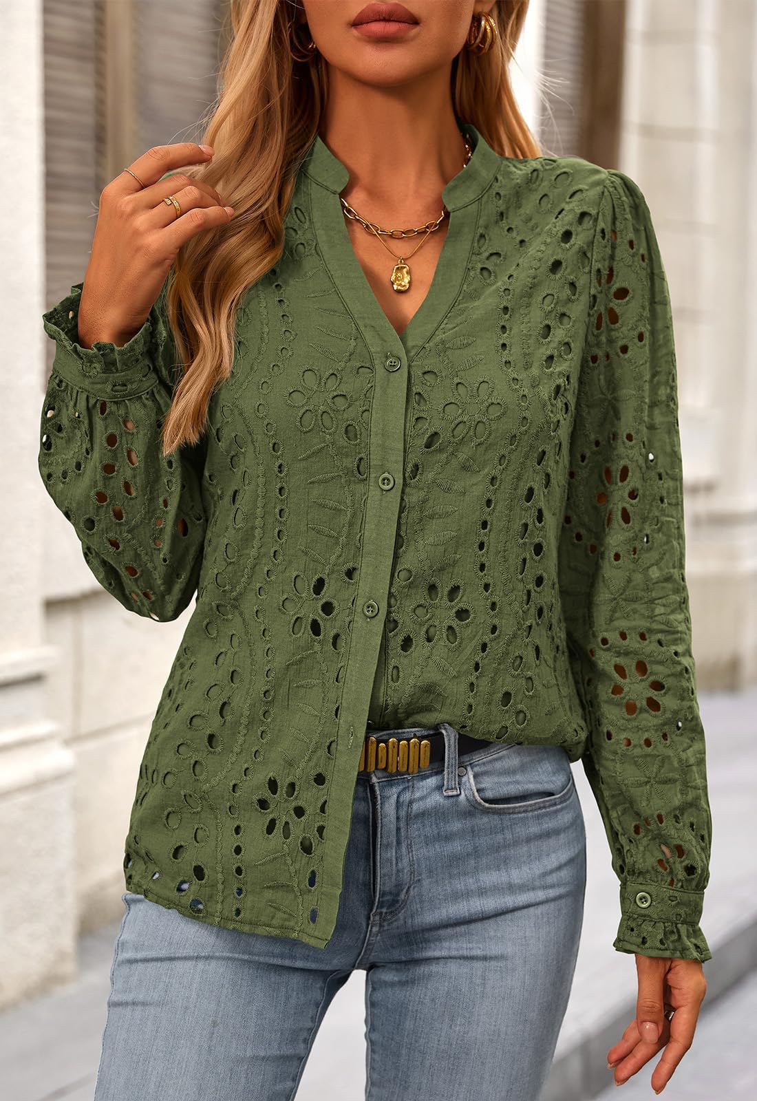 FreshPretty Women's Long Sleeve Shirts Button Down Dressy Casual Blouses V Neck Embroidery Hollow Out Tops Fall Winter Clothes