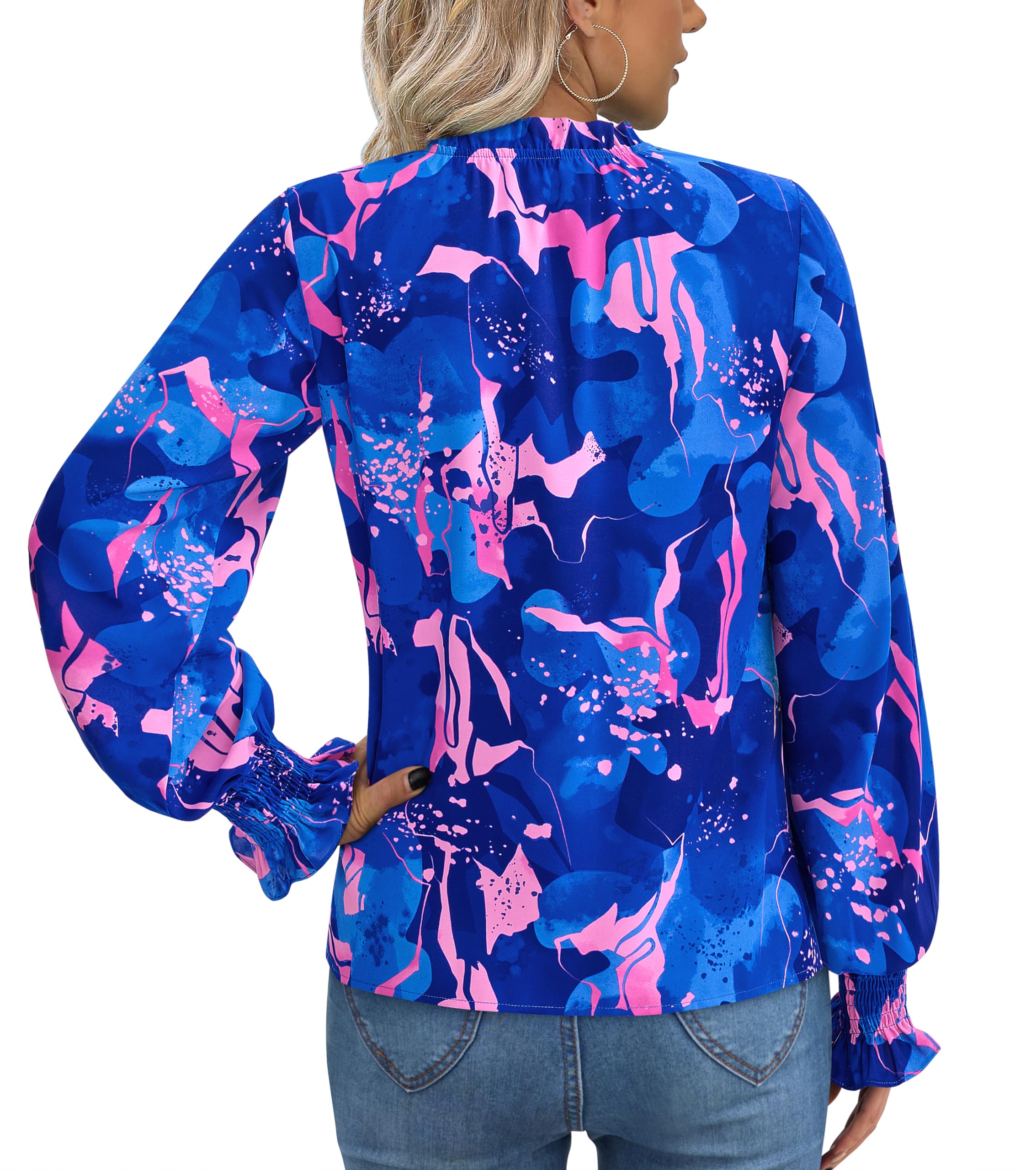 FreshPretty Womens V Neck Floral Long Sleeve Tops Summer Casual Loose Puff Sleeve Chiffon Boho Work Blouse Dressy T Shirts