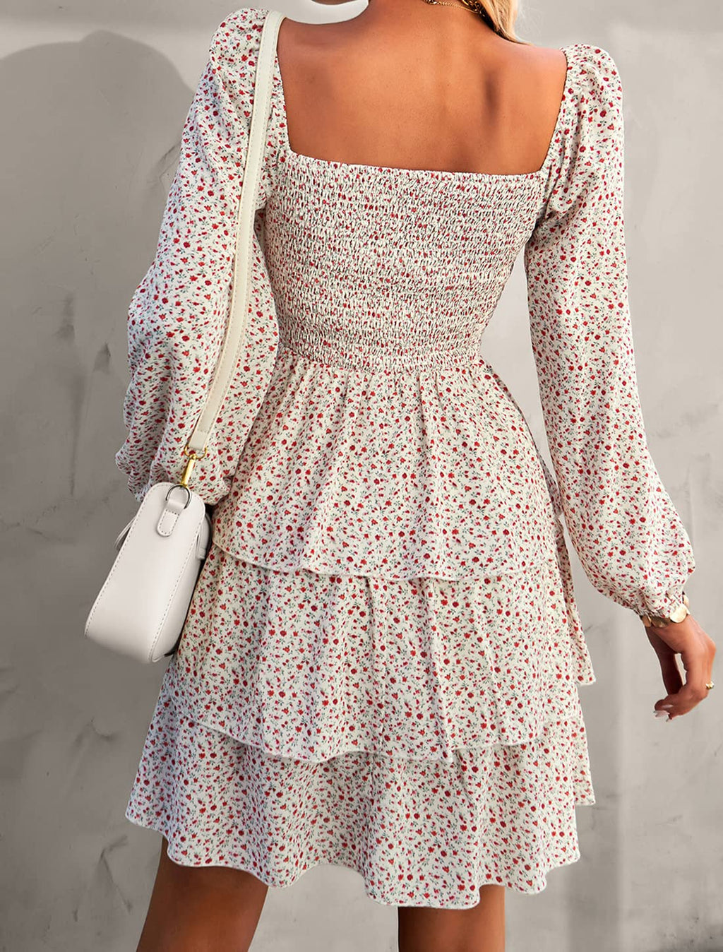 FreshPrettyWomen Square Neck Smocked Dresses Summer Spring Long Sleeve Floral Swiss Dot Mini Boho Wedding Guest Dress