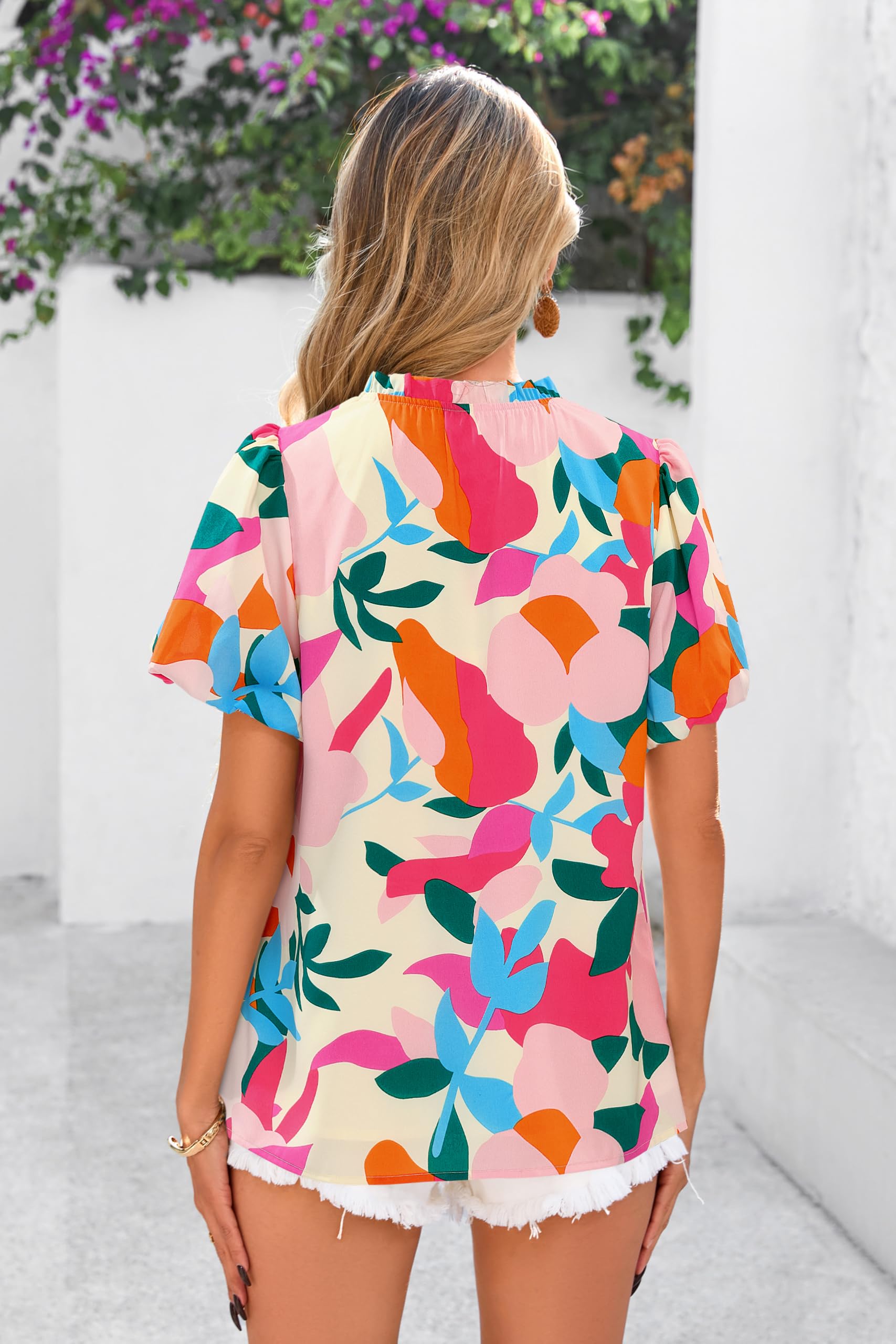 PRETTYGARDEN Boho Short Sleeve Floral Work Blouses for Women Dressy Casual V Neck Puff Sleeve Loose Chiffon Flowy Tops Shirts