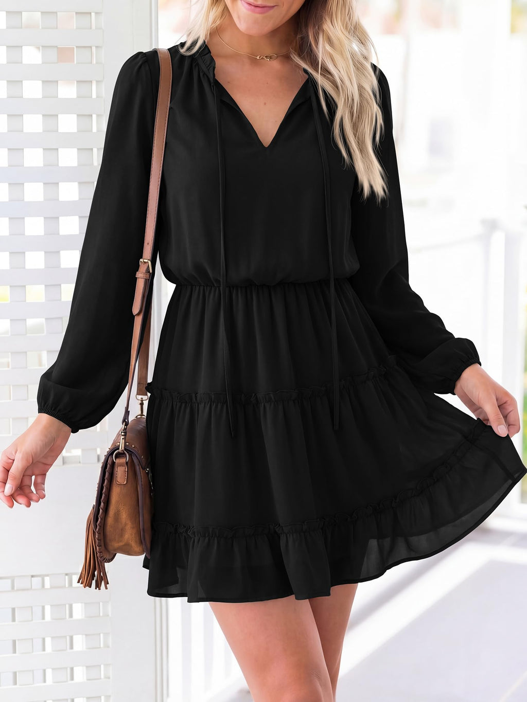 BTFBM Long Sleeve Summer Dresses for Women Casual Tie Neck Ruffle Tiered A Line Mini Spring Wedding Guest Dress