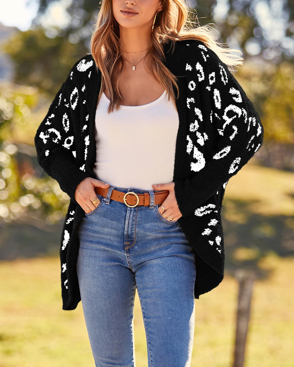 FreshPretty Leopard Cardigan for Women Long Sleeve Open Front Cardigans Sweaters Pockets Loose Knit Fall Winter Outwear