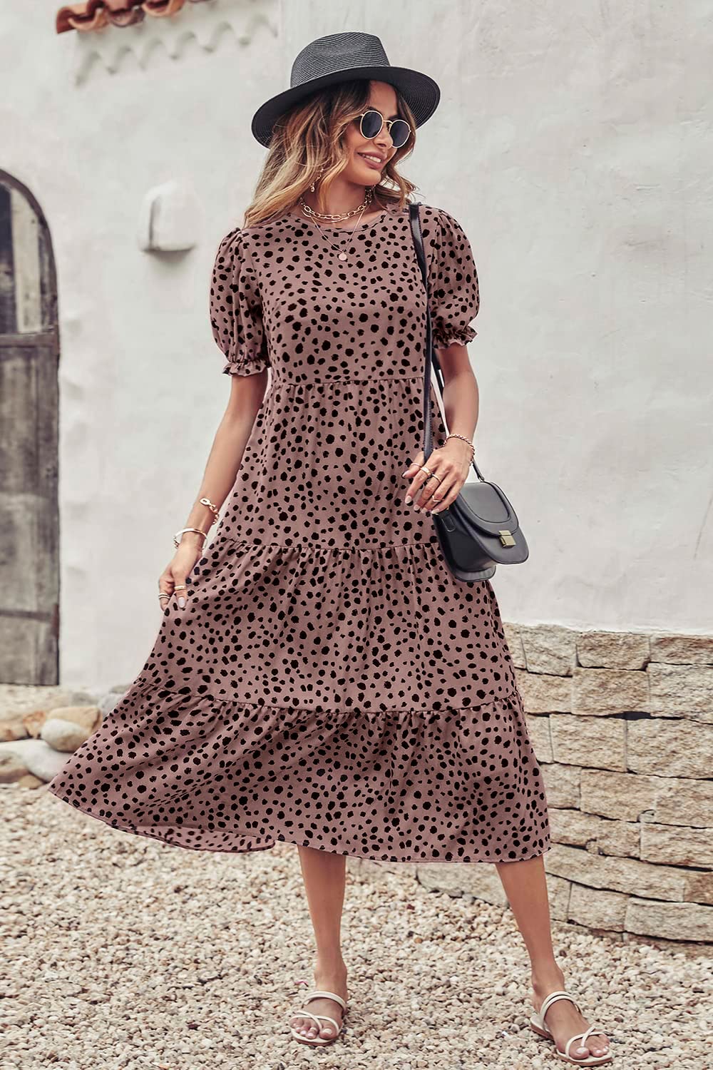 PRETTYGARDEN Summer Dresses for Women Casual Floral Boho Midi Sun Dress Puff Short Sleeve Flowy Beach Vacation Sundress