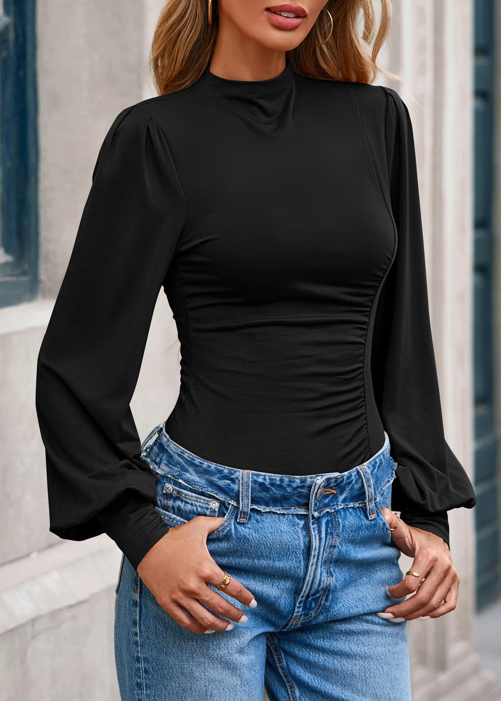 FreshPretty Blouses for Women Dressy Casual Spring Tops Fall Puff Long Sleeve Shirts Fitted Mock Neck Ruched Trendy Tops