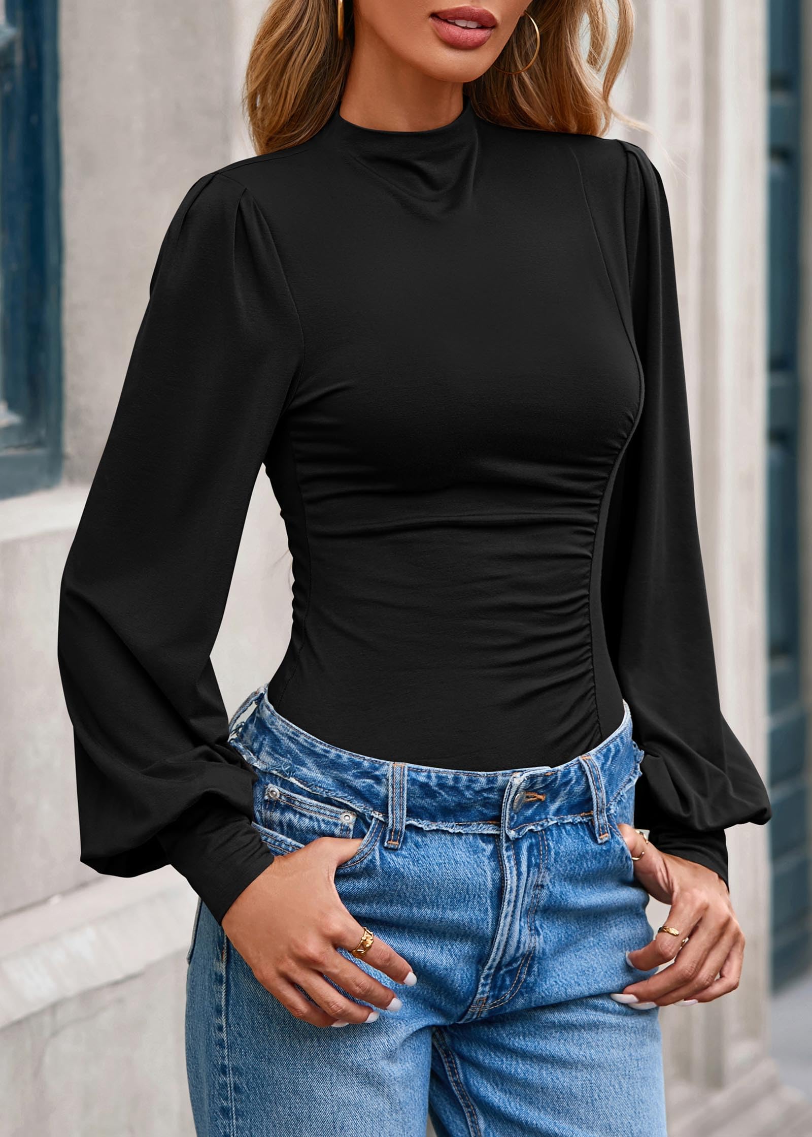 FreshPretty Blouses for Women Dressy Casual Spring Tops Fall Puff Long Sleeve Shirts Fitted Mock Neck Ruched Trendy Tops