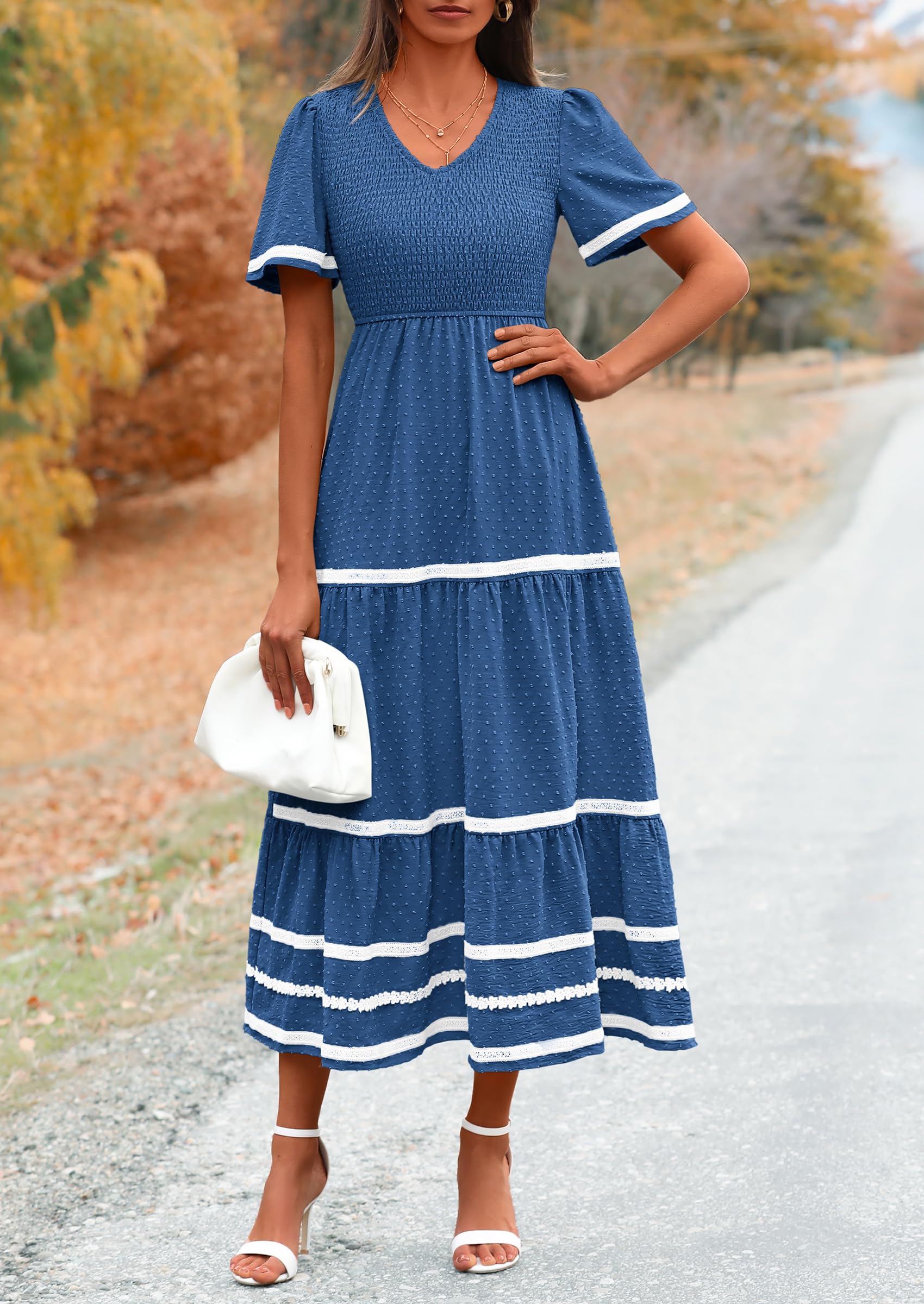 PRETTYGARDEN Women's Casual Summer Maxi Dress Short Sleeve Swiss Dot V Neck Smocked Long Flowy Beach Dresses