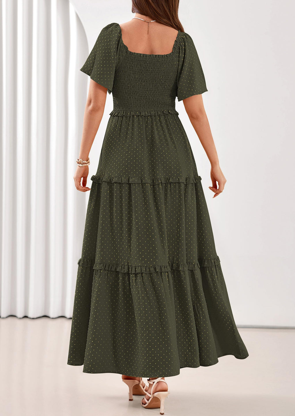 PRETTYGARDEN Summer Dresses for Women Boho Swiss Dot Smocked Square Neck Short Sleeve Spring Wedding Guest Maxi Dress