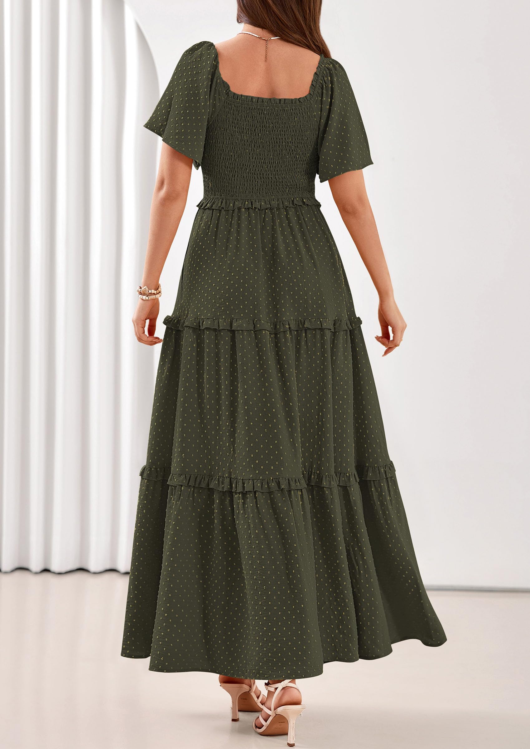 PRETTYGARDEN Summer Dresses for Women Boho Swiss Dot Smocked Square Neck Short Sleeve Spring Wedding Guest Maxi Dress