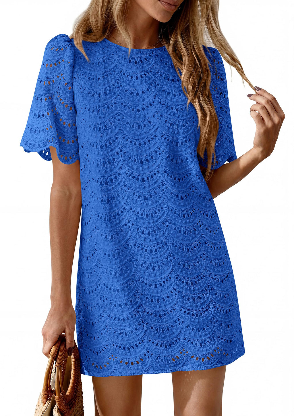 PRETTYGARDEN Women's Summer Casual Short Dresses Embroidered Lace Short Sleeve Boho Mini Dress Beach Vacation Clothes