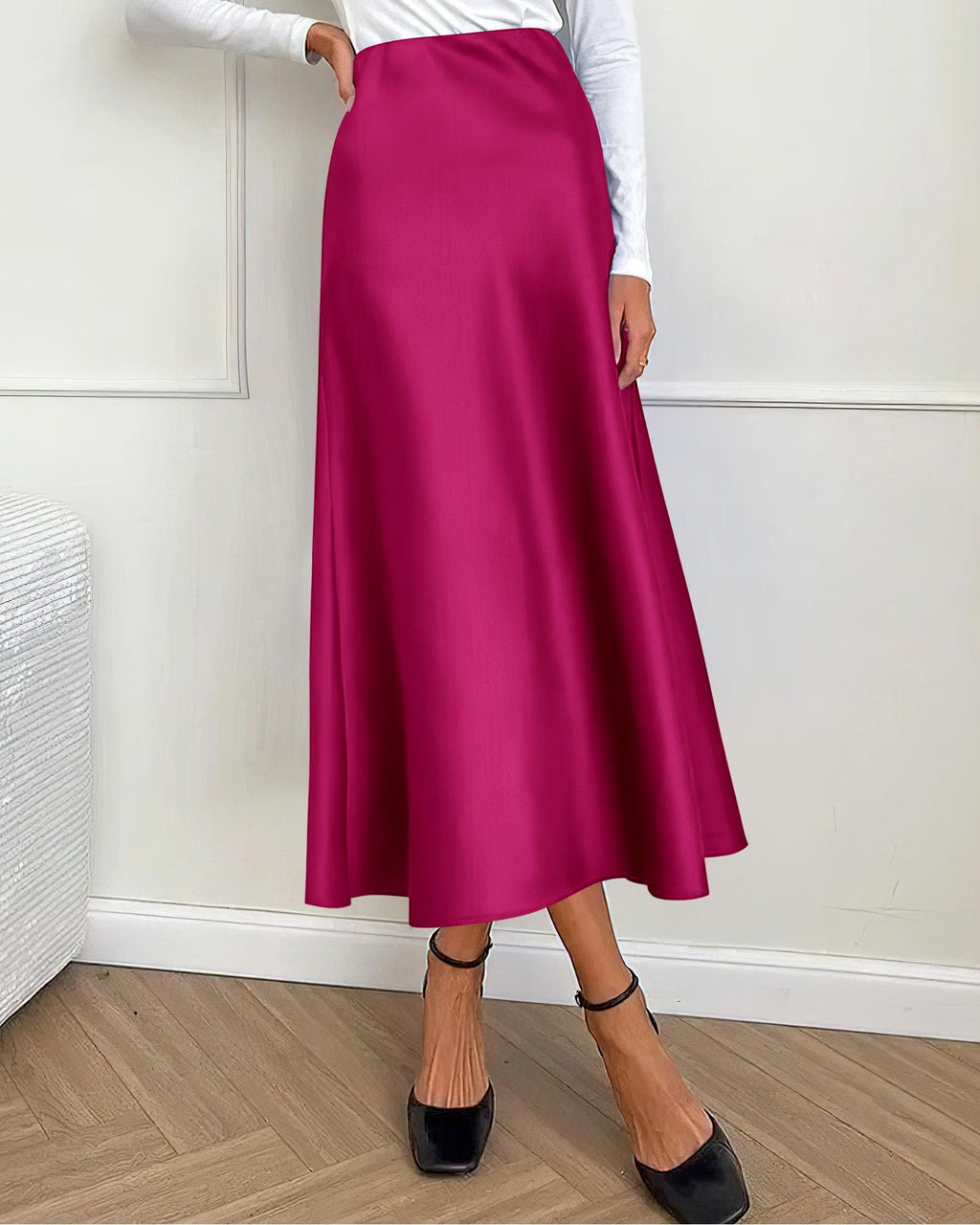 BTFBM Summer Womens Skirts Silk Elegant High Waist Flowy Long Satin A-Line Midi Skirt Cocktail Wedding Party