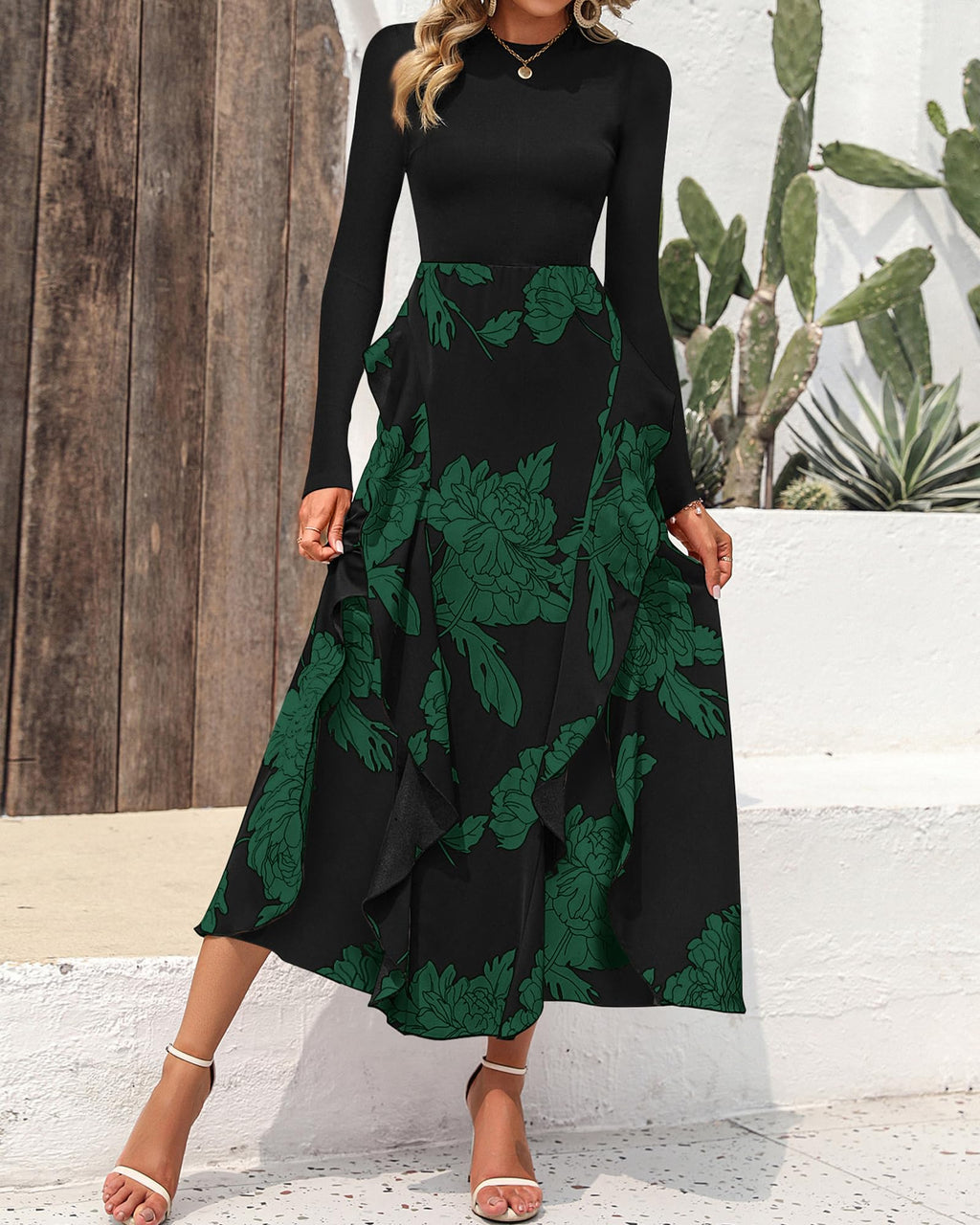 FreshPretty Womens Floral Maxi Dress Fall Casual Crewneck Long Sleeve Ruffle Flowy Cocktail Wedding Guest Dresses