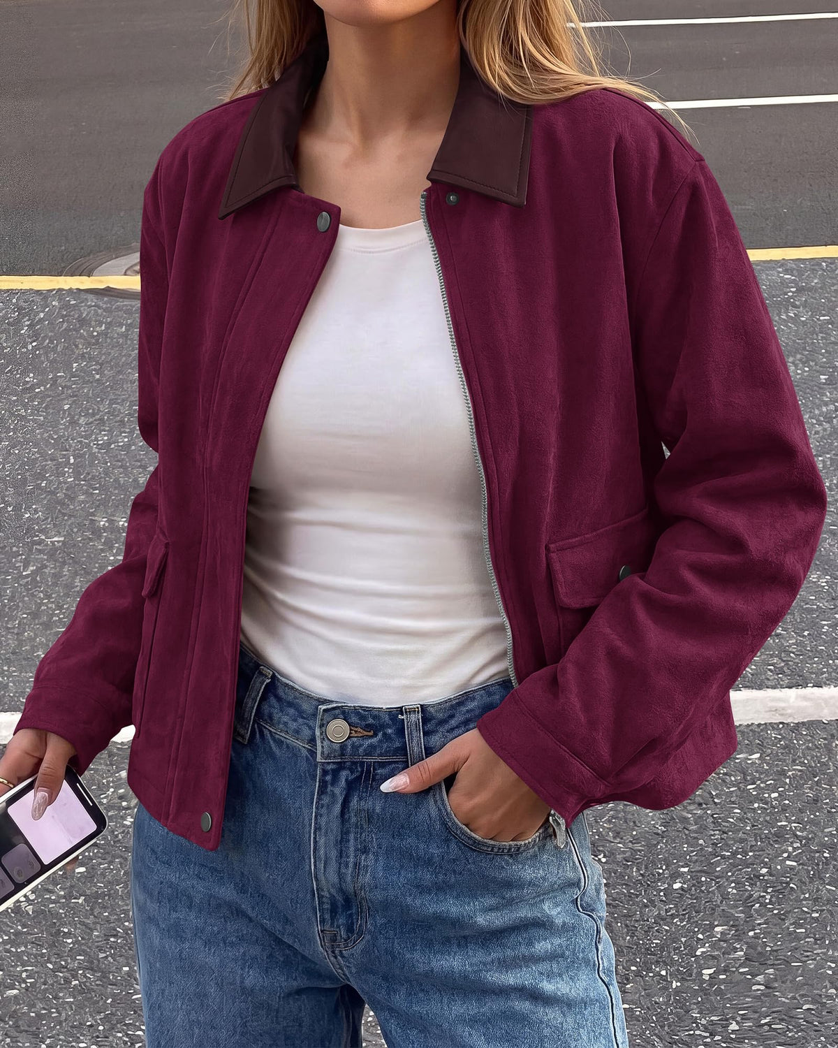BTFBM Faux Suede Jacket Women Leather Lapel Zip Up Fall Outfits Button Down Long Sleeve Outerwear With Flap Pockets, Early Winter Coats, Motorcycle Jackets, Western Country Concert Outfits
