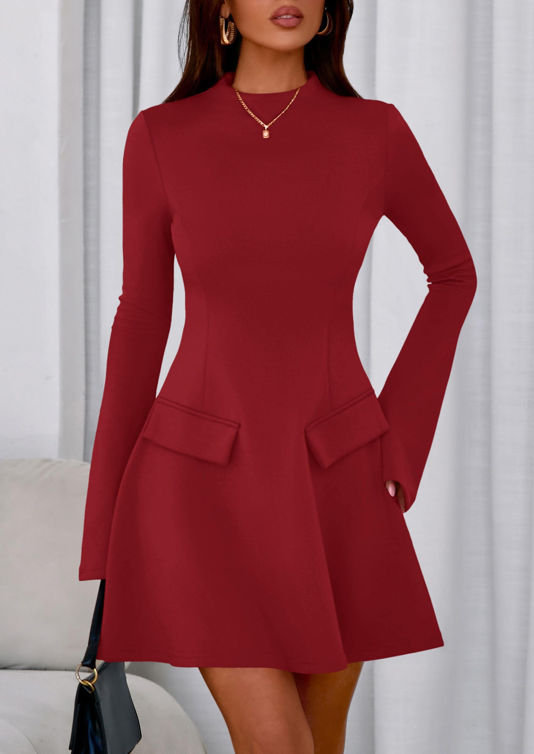 PRETTYGARDEN Women's Elegant Holiday Short Dress  Fall Bell Long Sleeve Mock Neck Work Business Casual Party Mini Dress