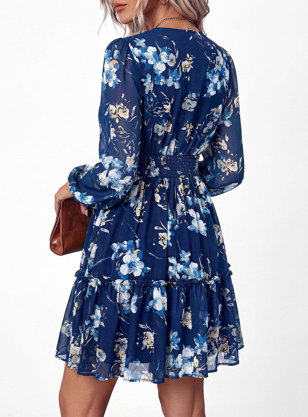 PRETTYGARDEN Women Floral Long Sleeve Mini Dress | Fall Wedding Guest Dresses, V Neck, Fit & Flare, Ruffle Hem A-Line, Short Chiffon Dress, Elegant Holiday Party, Date Outfits