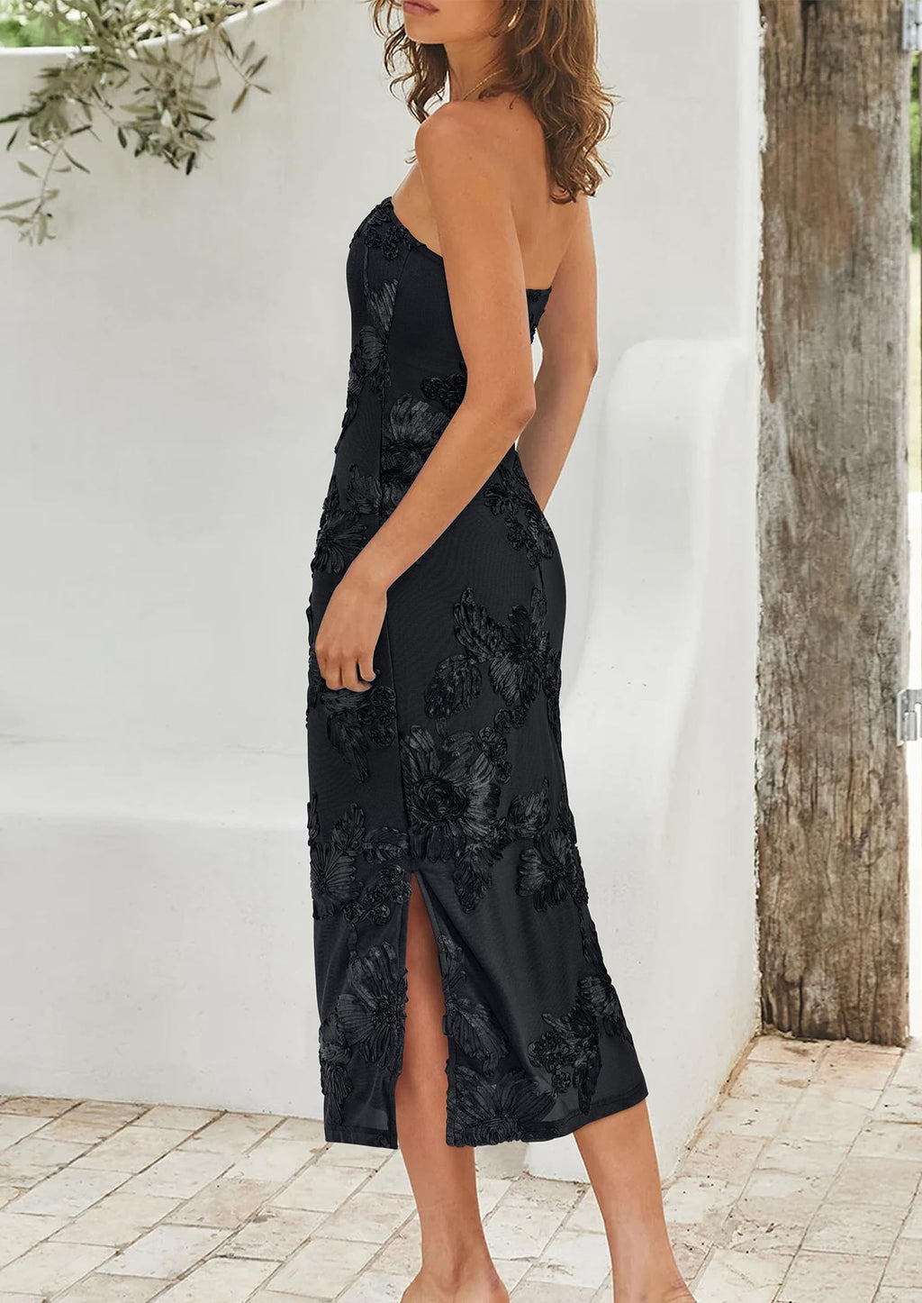 PRETTYGARDEN Women's Summer Wedding Guest Floral Midi Dress Strapless Tube Top, Side Slit, Bodycon Mesh, Elegant Cocktail Dresses for Homecoming Party, Birthday, Dinner, Formal Gowns