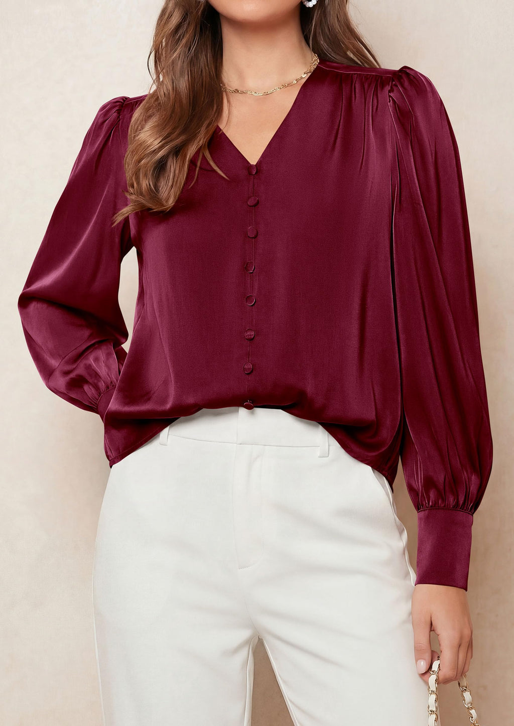 PRETTYGARDEN Satin Long Sleeve Womens Blouses Dressy Casual | Glossy Smooth Silk Fabric,Lantern Sleeve Fall Tops,Decorative Button Pullover,V Neck Shirts,Office Work Business Outfits