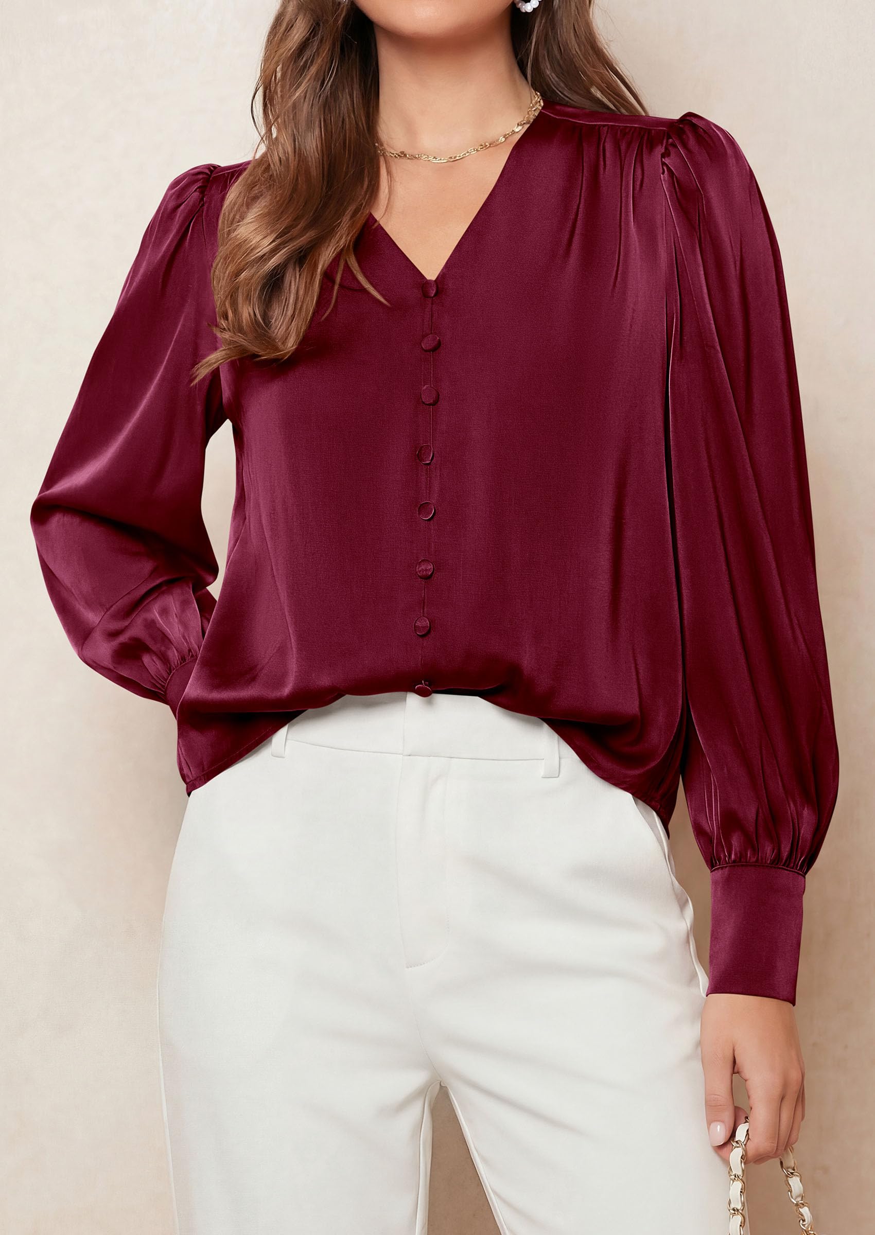 PRETTYGARDEN Satin Long Sleeve Womens Blouses Dressy Casual | Glossy Smooth Silk Fabric,Lantern Sleeve Fall Tops,Decorative Button Pullover,V Neck Shirts,Office Work Business Outfits