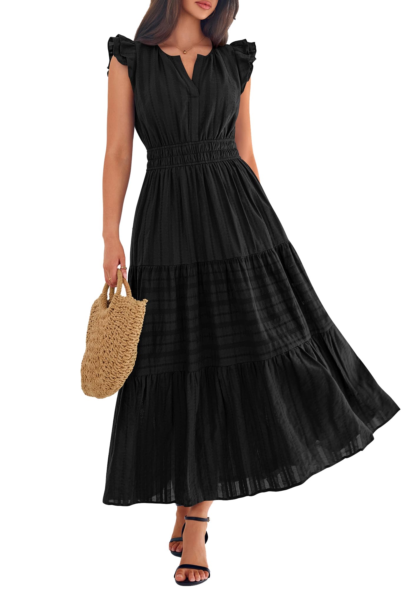 BTFBM Womens Summer Maxi Dress  Spring Boho Vacation Ruffle Flutter Short Sleeve A Line Tiered Flowy Dresses Pockets