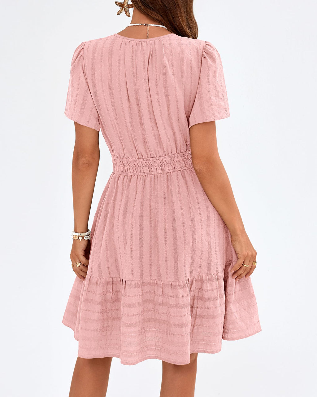 BTFBM Womens Spring  Casual Mini Dresses Lightweight Short Sleeve V Neck Elastic Waist Cute Boho Beach Dress Pockets