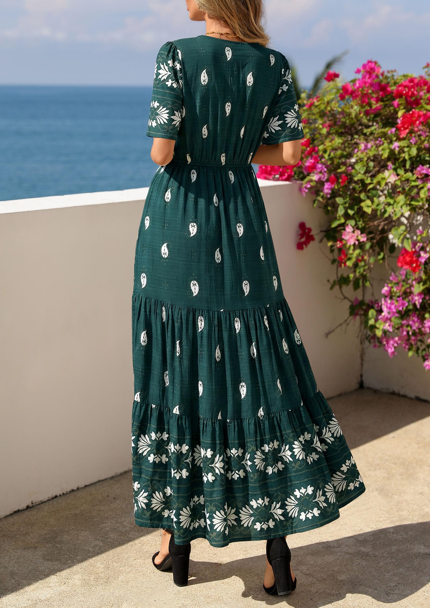 PRETTYGARDEN Womens Summer Boho Maxi Dress Trendy Short Sleeve V Neck Flowy Beach Floral Dresses with Pockets