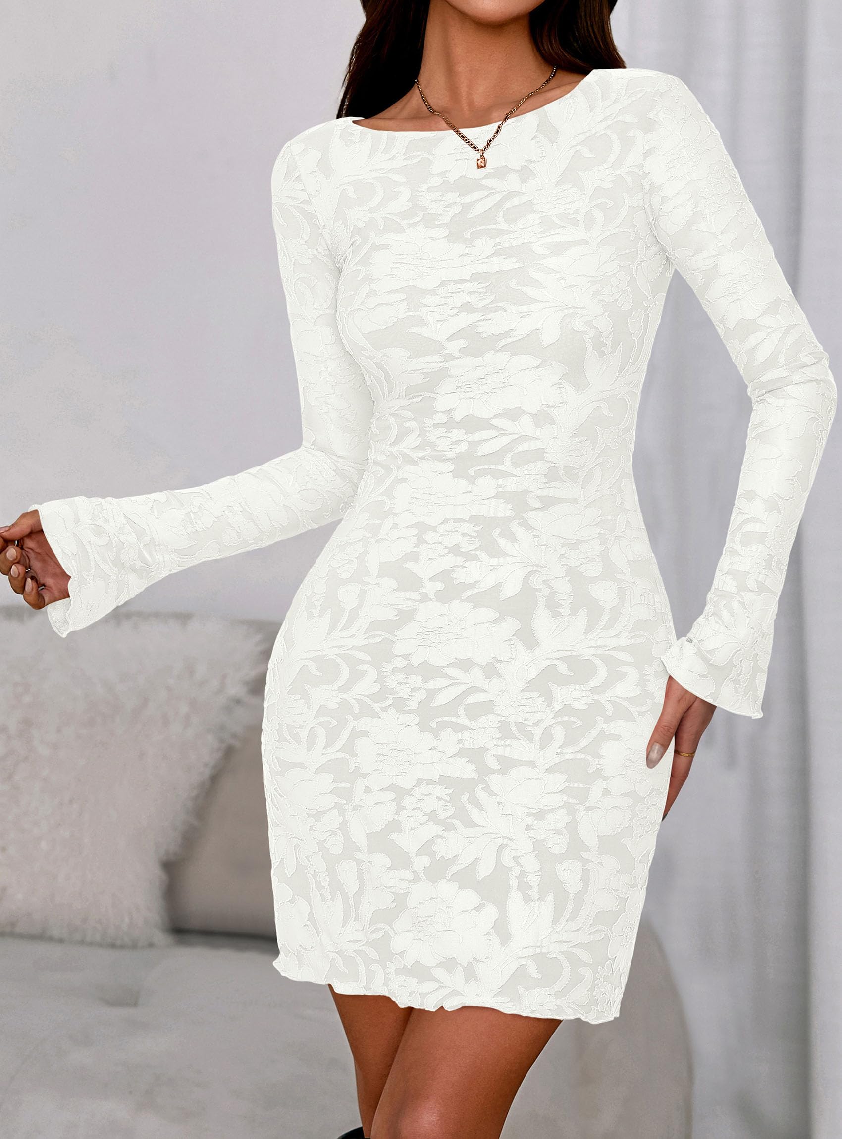 PRETTYGARDEN Women's Fall Fashion Floral Long Sleeve Mini Dress Mesh Bodycon Short Party Date Night Going Out Dresses