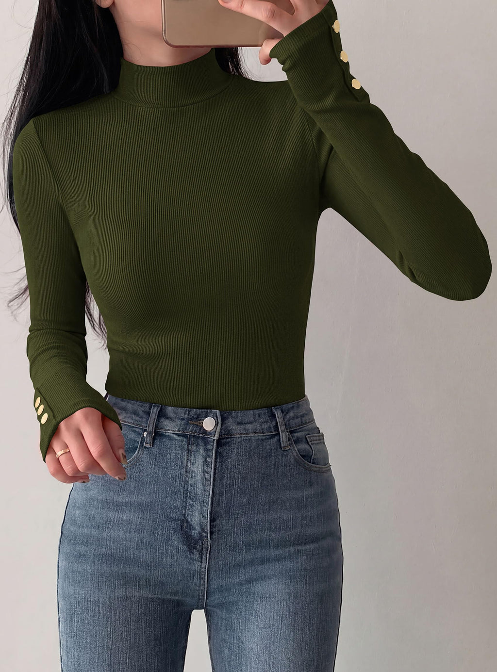 PRETTYGARDEN Women's Ribbed Mock Neck Long Sleeve Tops | Slim Fitted T-Shirts, Soft Stretch, Decorative Buttons, Going Out Work Casual Wear, Fall Outfits Layering Winter Clothes