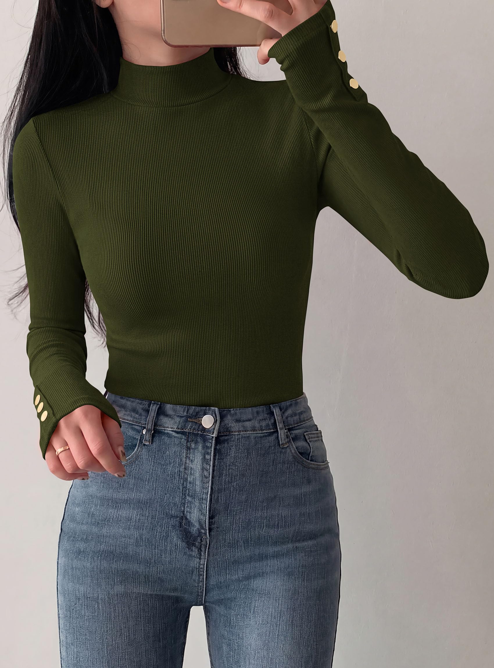 PRETTYGARDEN Women's Ribbed Mock Neck Long Sleeve Tops | Slim Fitted T-Shirts, Soft Stretch, Decorative Buttons, Going Out Work Casual Wear, Fall Outfits Layering Winter Clothes
