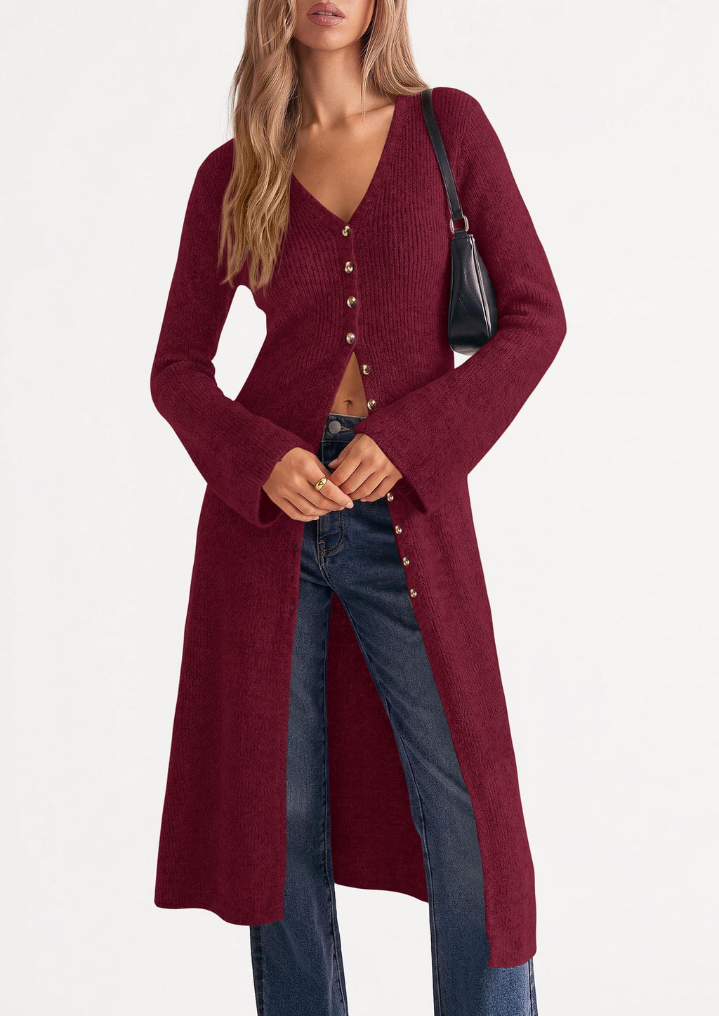 PRETTYGARDEN Women Long Cardigan Bell Sleeve Sweater Dress Early Fall Fashion, V Neck Button Down Coats, Fit and Flare, Duster Sweater, Acrylic Cotton Blend