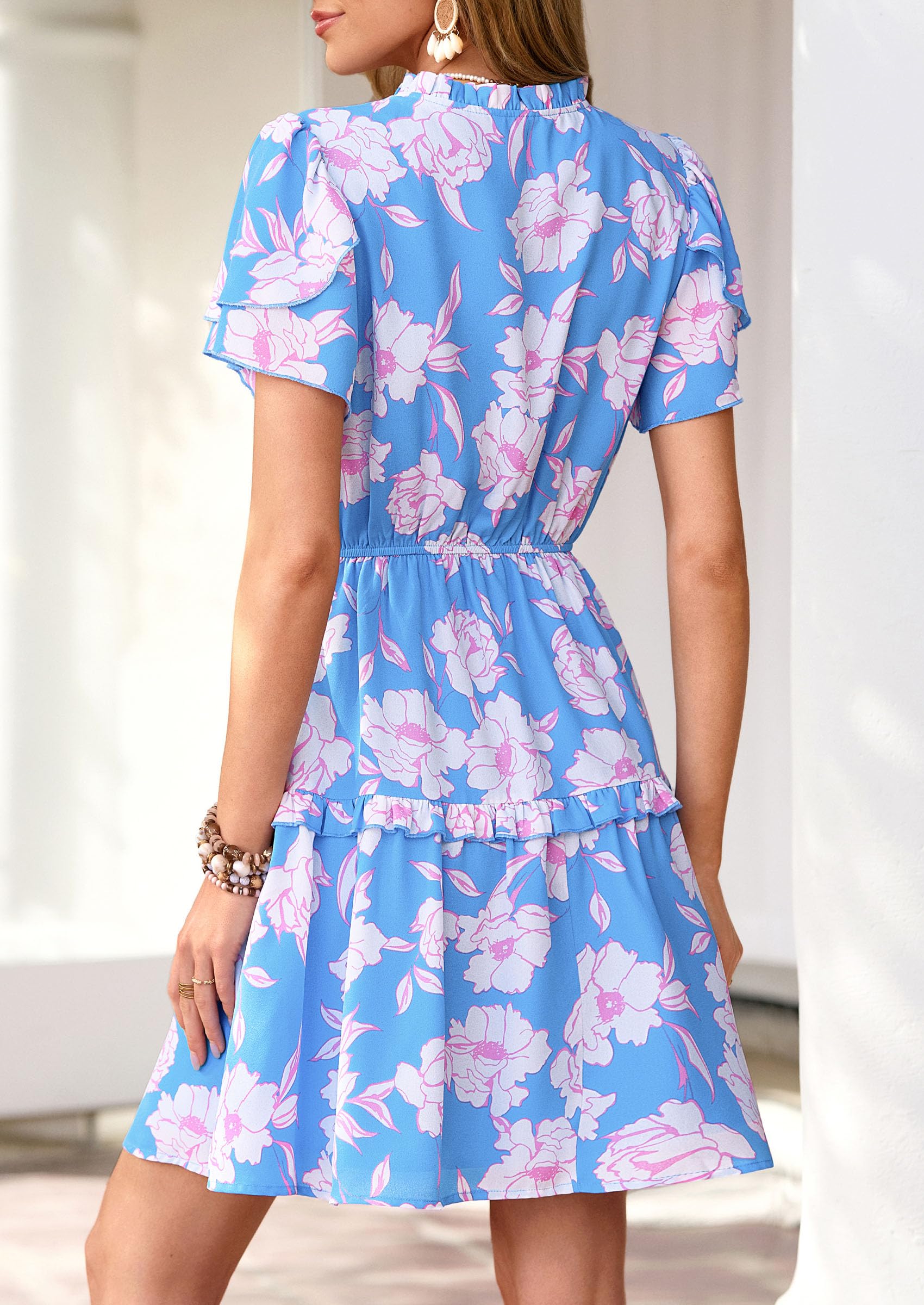 PRETTYGARDEN Womens Summer Floral Mini Dress  Trendy Ruffle Short Sleeve V Neck Flowy A Line Short Beach Dresses