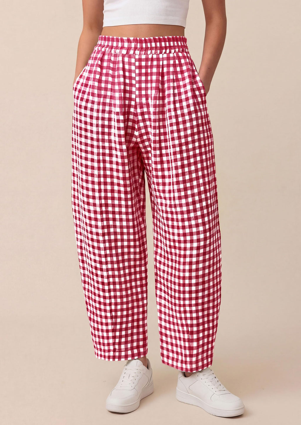 PRETTYGARDEN Plaid Barrel Pants Women Summer Casual Loose Wide Leg Lounge Gingham Trousers Spring Fashion Beach Bottoms